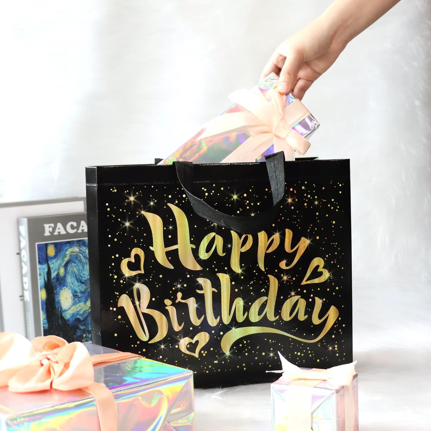 Birthday Gift Bag With Gold Shiny Stars Reusable Party Gift Bags (1 Pc) - Zidbik