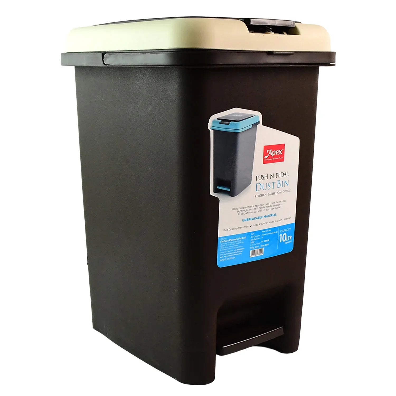 Apex Push N Pedal Plastic Dustbin 10l Capacity (1 Pc) - Zidbik