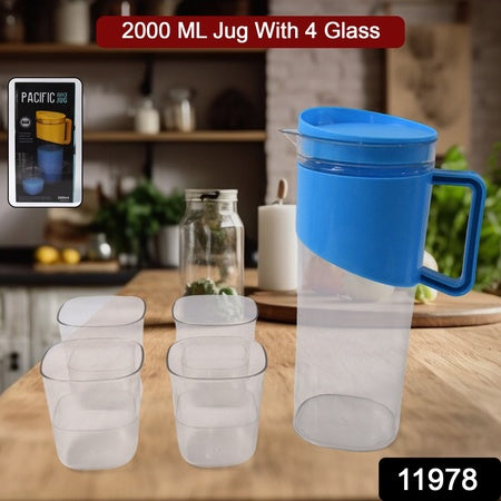 Transparent Stylish Premium Jug With Elegant Handle (2000 Ml Jug Approx  4 Pcs Plastic Glass) - Zidbik
