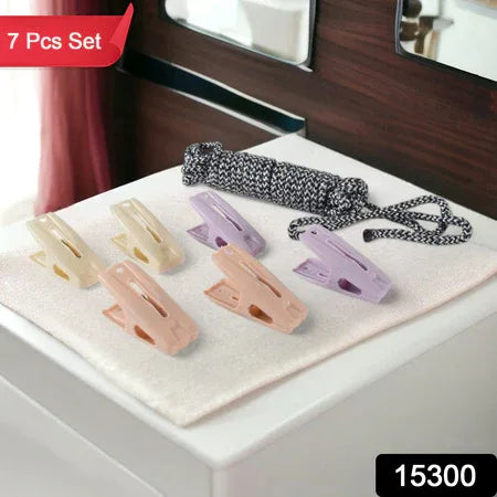 Cloth Drying Rope With Clips Convenient And Durable Hanging Solution (7 Pc Set) - Zidbik