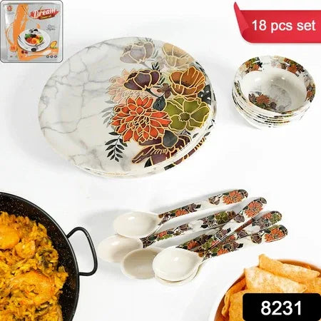 8231 Dream High Quality Plastic Dinning Dinner Set With Unique Flower Design Printed 6 Pc Plates 6 Pc Bowls And 6 Pc Serving Spoon Lightweight Round Plates And Bowls Microwave And Dishwasher Safe (18 Pcs Set) - Zidbik