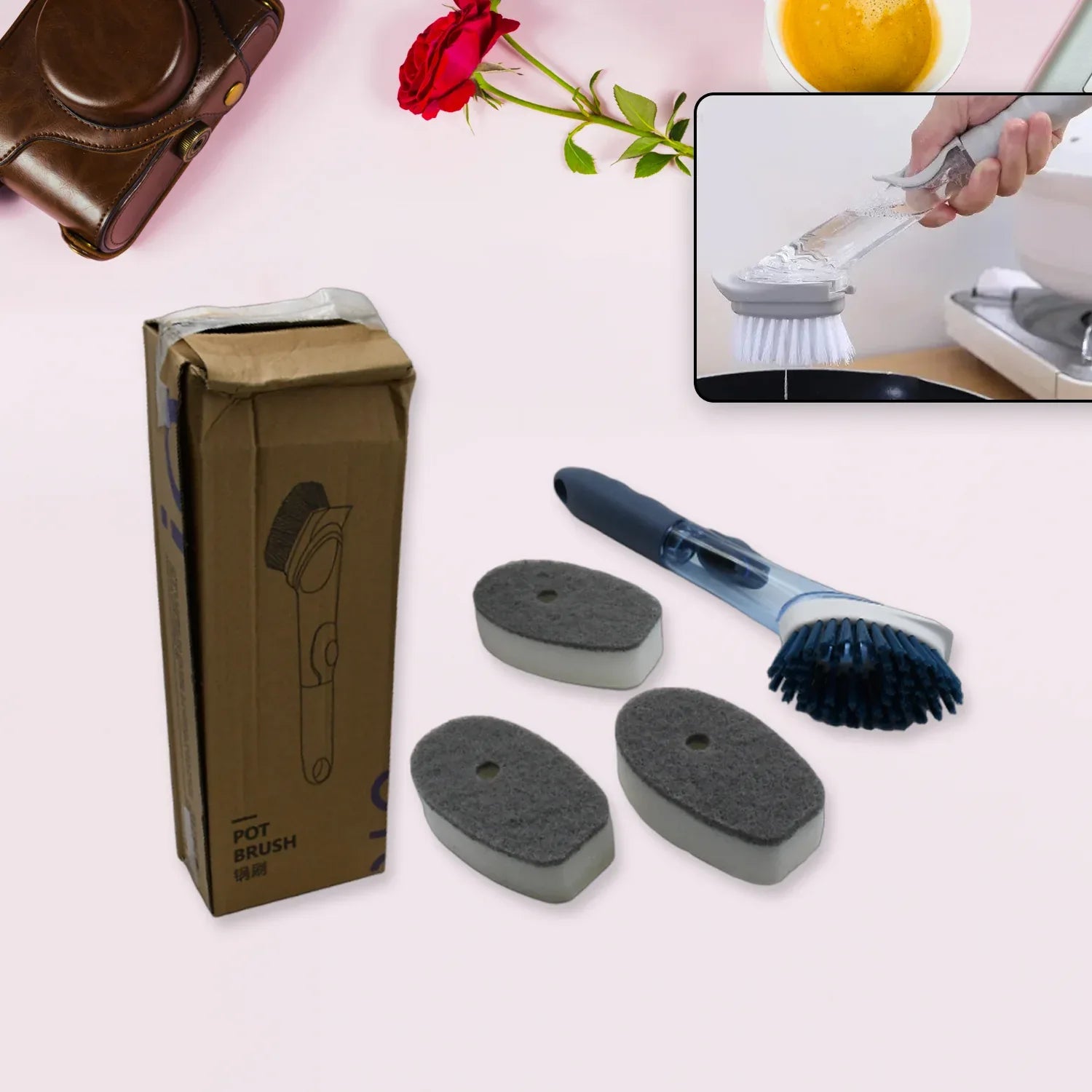 1271c Mix Color Dish Scrubber With Soap Dispenser Soap Dispensing Dish Brush Set Dishwashing Brushes Kitchen Scrub Dish Wand For Dishes Sink Pot Pan Cleaning And Washing1 Handle3refill Replacement Head - Zidbik