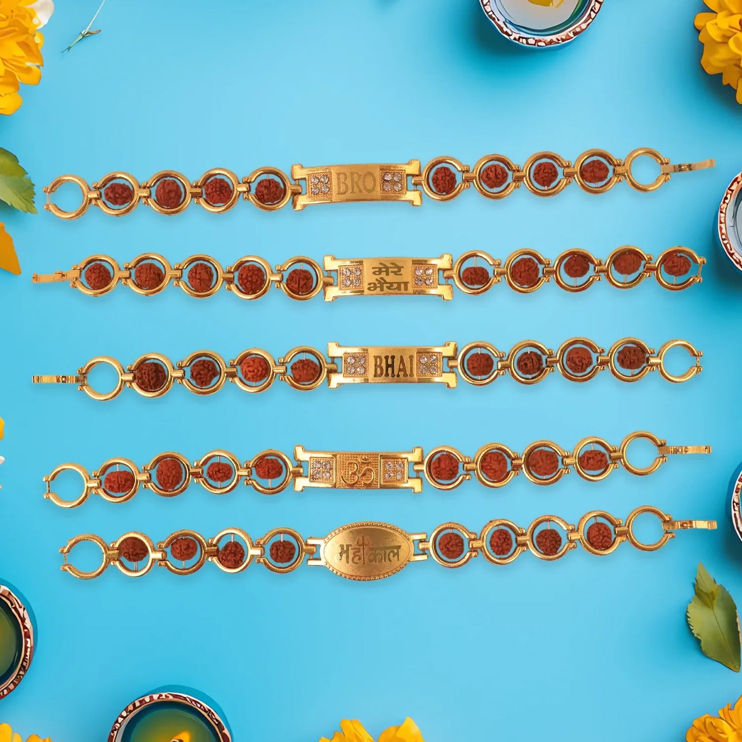 Gold Plated Designer Circular Bead Bracelet Rakhi For Brother (Mix Design 1 Pc) - Zidbik