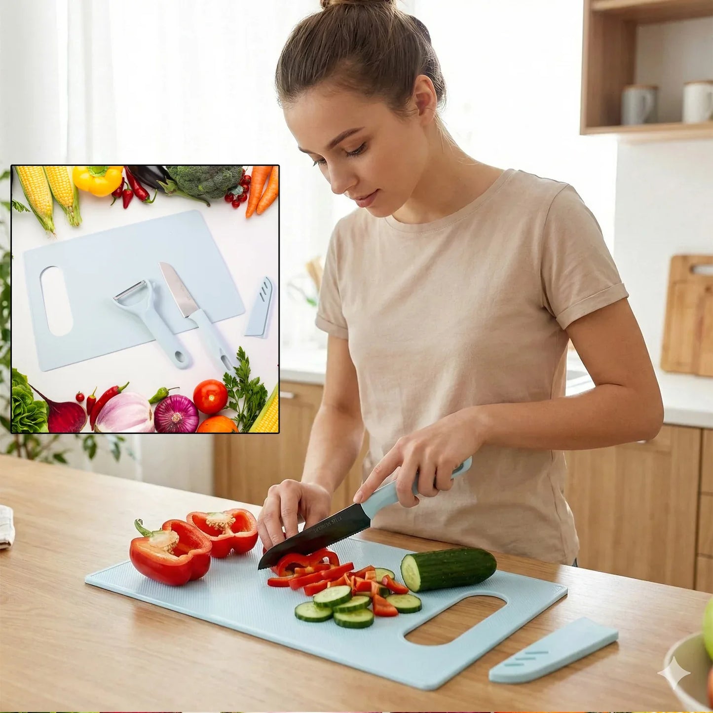 3 In 1 Kitchen Knife Chopping Board Set (1 Set) - Zidbik
