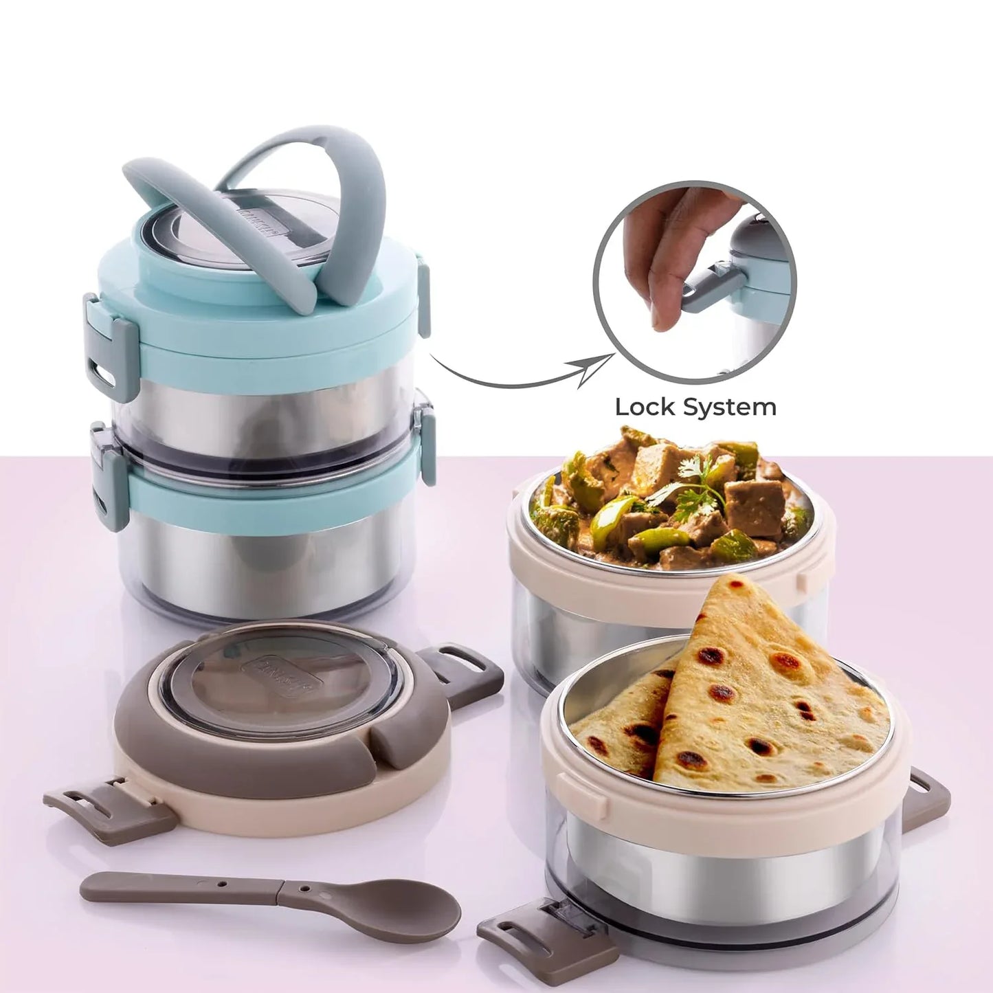 Ganesh Steko-2 Double Layer Stainless Steel Insulated Lunch Box Set - Zidbik