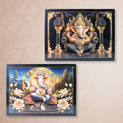 Divine Lord Ganesha Wall Painting With Wooden Frame Mix Design 60x45 Cm Approx (1 Pc) - Zidbik