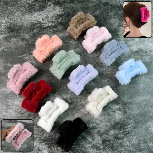 Big-size Soft Faux Fur Hair Claw Clips (12 Pc) - Zidbik