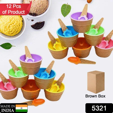 5321 Ice Cream Bowl Spoon Set Plastic Solid Colour Cream Cup Couple Bowl With Spoon. Ice Cream Spoon Bowl Set 12 Pc Set Of Ice Cream Bowl Spoon (Multi Color) - Zidbik