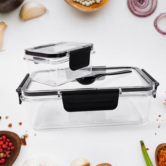 Plastic Kitchen Storage Container Big 800 Ml  Small 250 Ml With Air Seal Lock Lid  Spoon - Zidbik