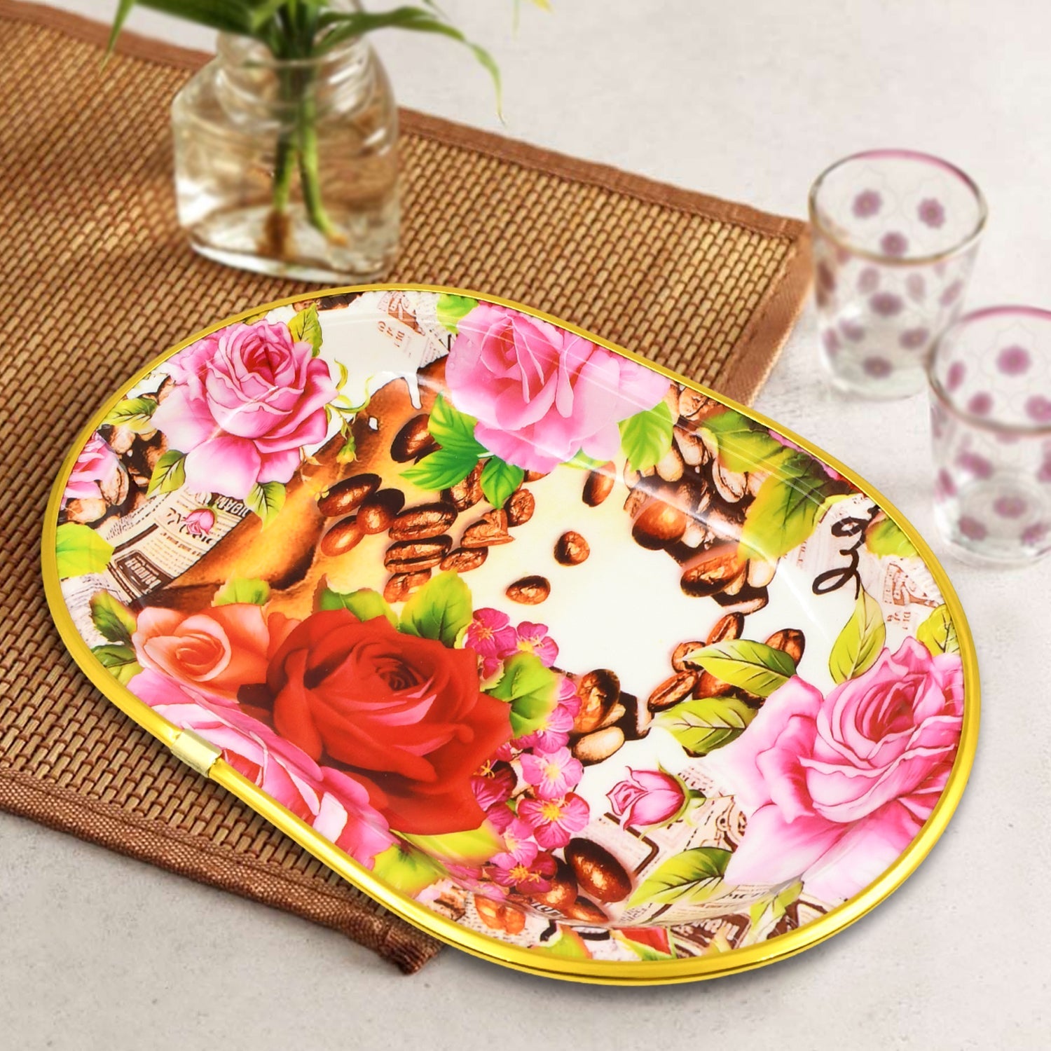 Plastic Flower Printed Design Serving Tray (3 Pcs Set  Mix Color) - Zidbik