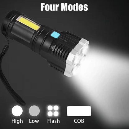 9370 Multifunctional Strong 4 Led Torch Light Portable Rechargeable Flashlight Long Distance Beam Range 800 Lumens Cob Light 4 Mode Emergency For Hiking Walking Camping (4 Led Torch) - Zidbik