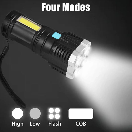 9370 Multifunctional Strong 4 Led Torch Light Portable Rechargeable Flashlight Long Distance Beam Range 800 Lumens Cob Light 4 Mode Emergency For Hiking Walking Camping (4 Led Torch) - Zidbik