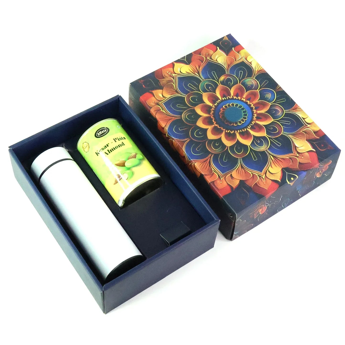 Effete Kesar Pista Almonds Gift Hamper Golden With Bottle (2 Pc Set) - Zidbik