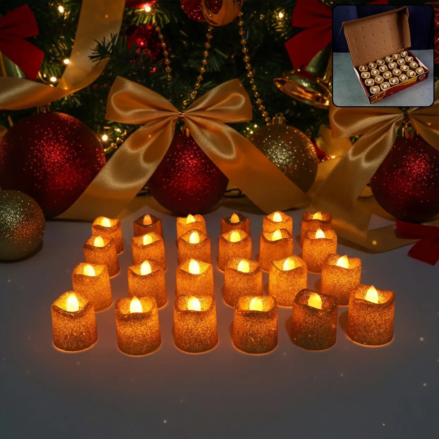 Christmas Premium Glitter Led Tealight Candles Flameless Decorative Lights (24 Pc Set) - Zidbik