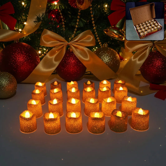 Christmas Premium Glitter Led Tealight Candles Flameless Decorative Lights (24 Pc Set) - Zidbik