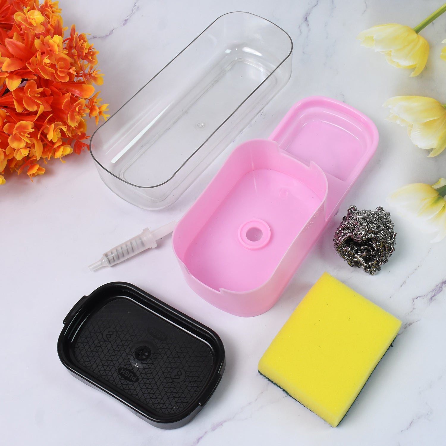 2 In 1 Plastic Dish Soap Liquid Dispenser Sponge Holder (1 Set) - Zidbik