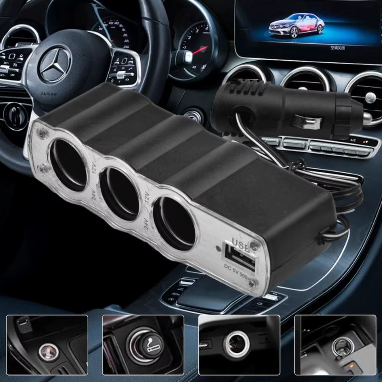 Triple 3 Way Car 12v Lighter Socket Splitter Usb Charger Power Adapter - Zidbik