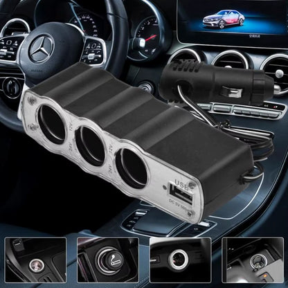 Triple 3 Way Car 12v Lighter Socket Splitter Usb Charger Power Adapter - Zidbik
