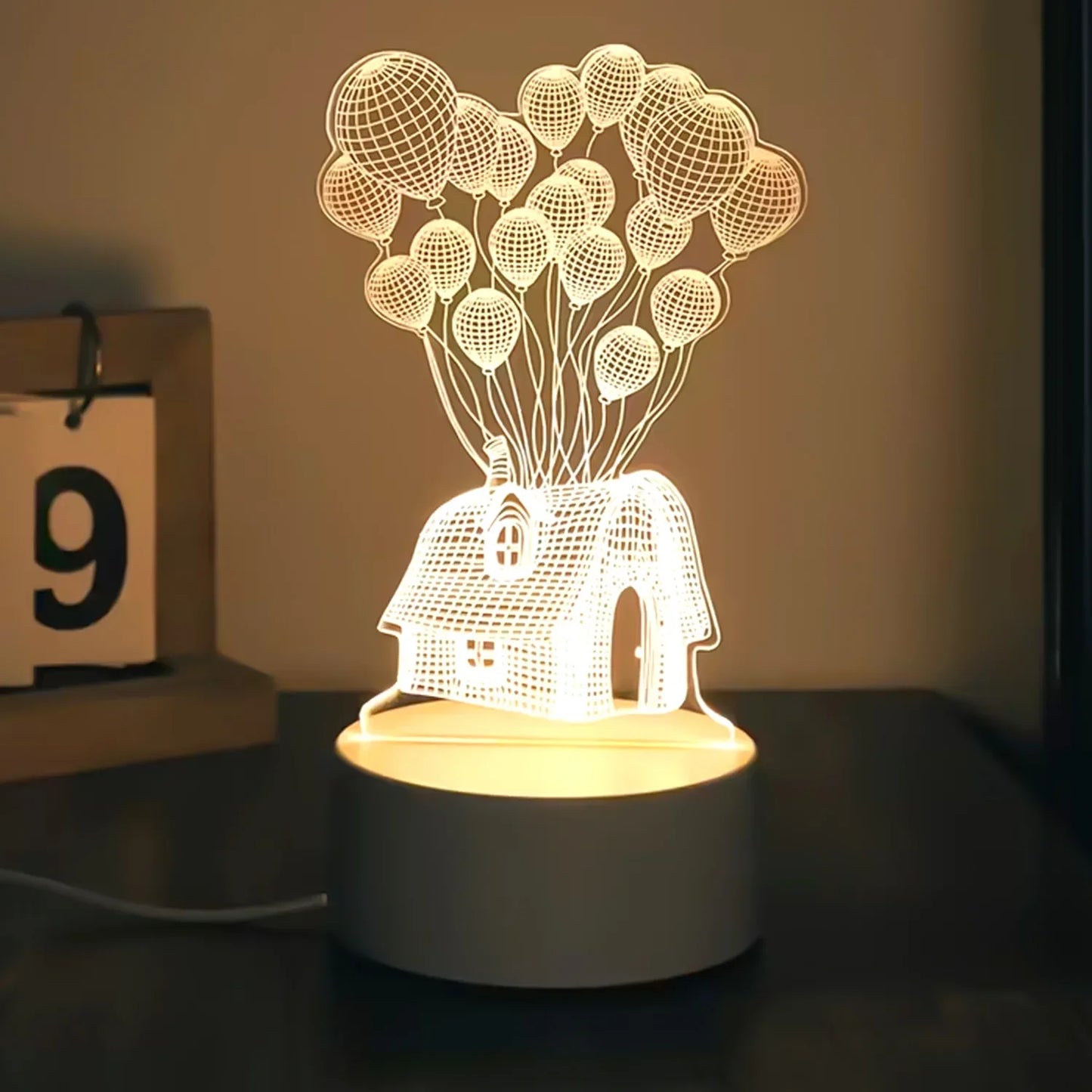 3d Illusion Led Night Lamp With House And Balloons Design - Zidbik
