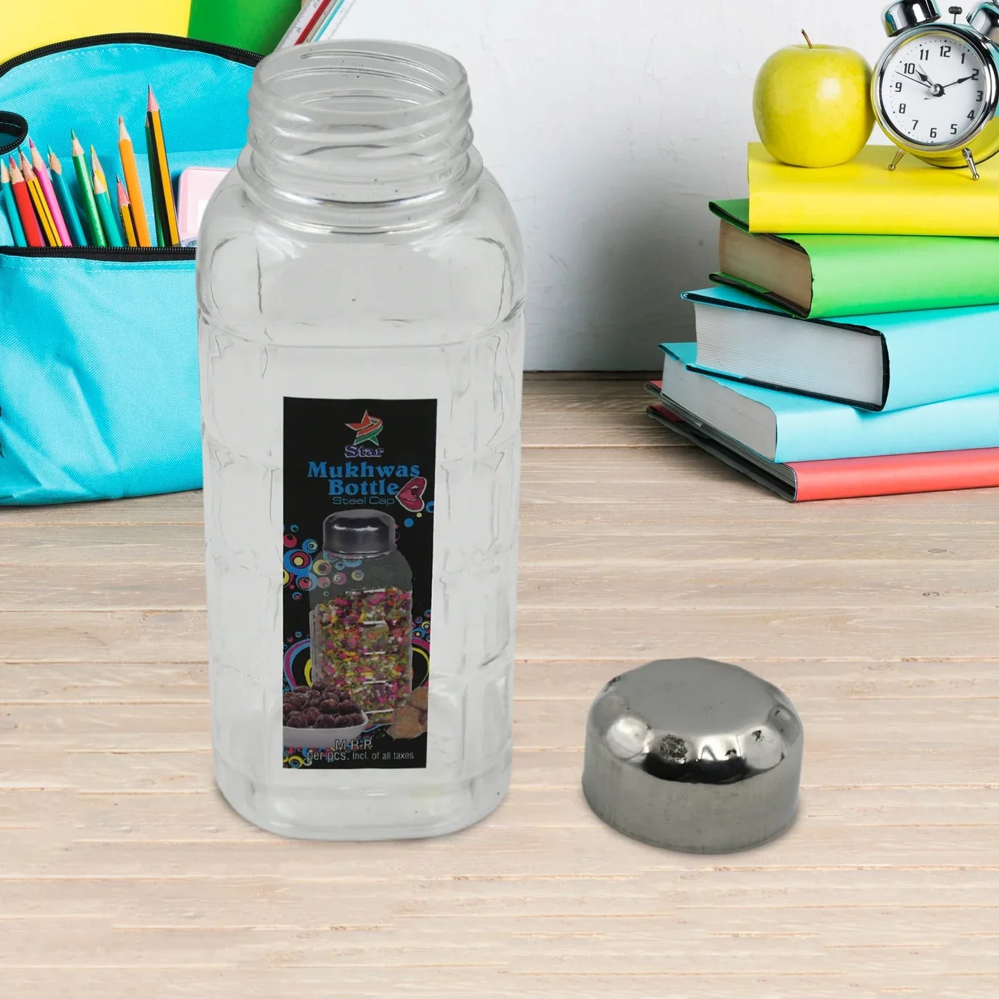 5714 Plastic Transparent Mukhwas Bottle With Steel Cap Mouth Freshener Dryfruits Multipurpose Air Tight And Bpa Free Kitchen Storage Bottle (1 Pc) - Zidbik