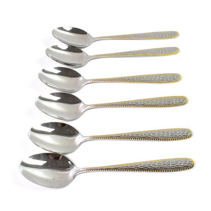 Stainless Steel Gold Bordered Textured Spoons Gold Plated Handle Set Of 6 Pc - Zidbik