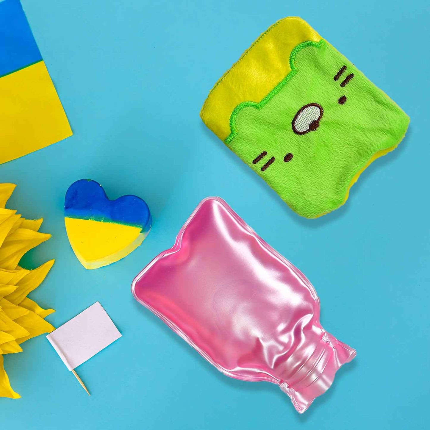 6514 Green Kitty Hot Water Bag with Cover for Pain Relief, Neck and Shoulder Pain, and Menstrual Cramps