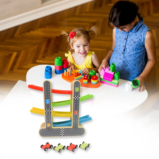 Car Racer Track Play Set Wooden Click Clack Toys With 4 Mini Racers (1 Set) - Zidbik