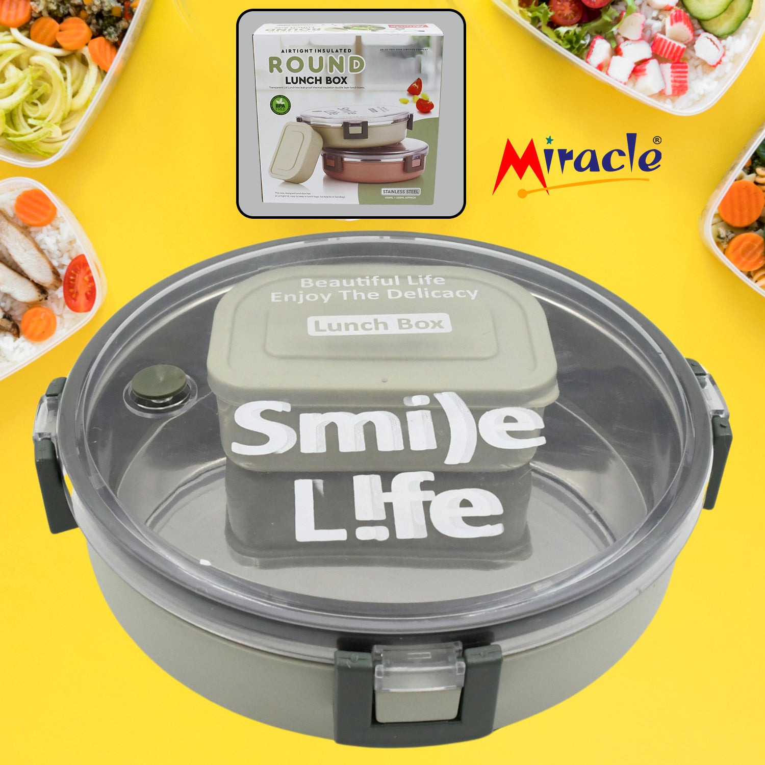 5584 Miracle Stainless Steel Round Lunch Box with Leak-Proof Lid & Plastic Insert – 450ML + 250ML - Zidbik