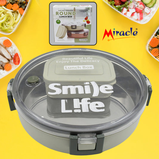 5584 Miracle Stainless Steel Round Lunch Box with Leak-Proof Lid & Plastic Insert – 450ML + 250ML - Zidbik