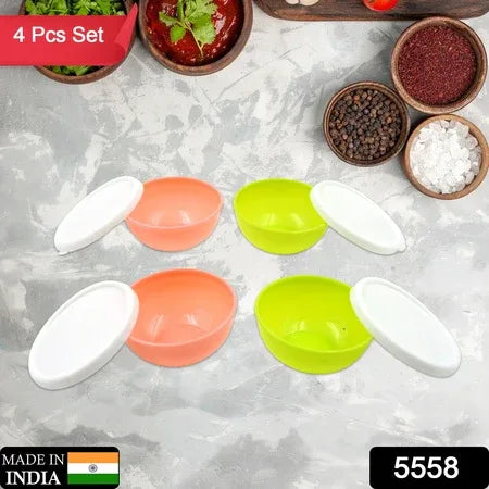 5558 Multipurpose Small Round Plastic Bowl Katori With Lid Microwave Safe Reusable Lightweight Bowl Dishwasher Safe Chutney Bowl (4 Pcs Set) - Zidbik