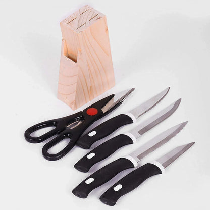 Kitchen Knife Set With Wooden Block And Scissors (5 Pcs Black) - Zidbik