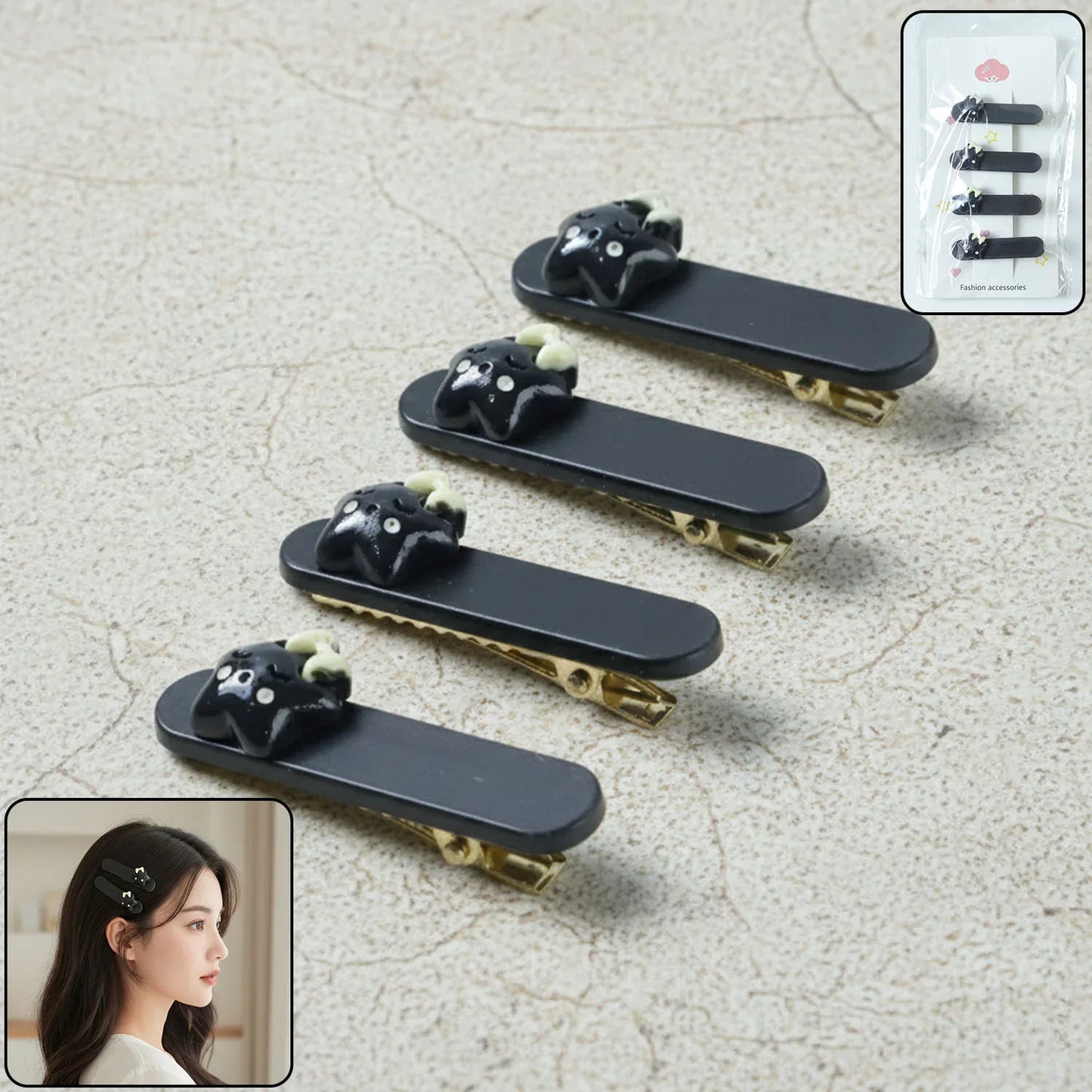 Cute Cat Design Premium Matte Finish Hair Clips (4 Pc) - Zidbik