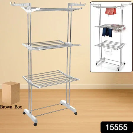 3-tier Foldable Stainless Steel Cloth Drying Stand With Wheels - Zidbik