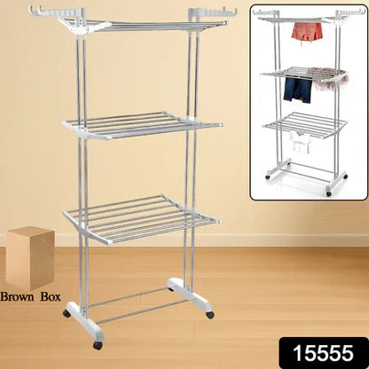 3-tier Foldable Stainless Steel Cloth Drying Stand With Wheels - Zidbik