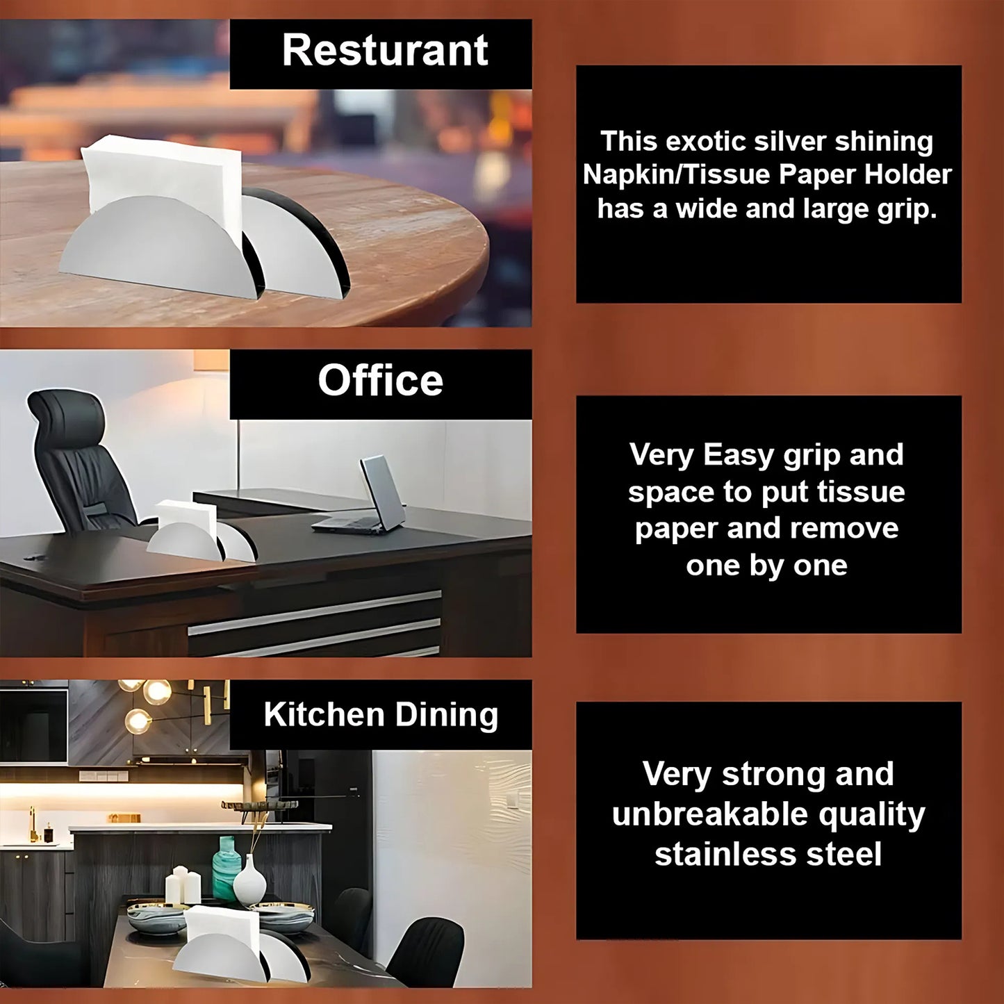 Stainless Steel Half-moon Shaped Tissue Paper Napkin Holder Stand (1 Pc) - Zidbik