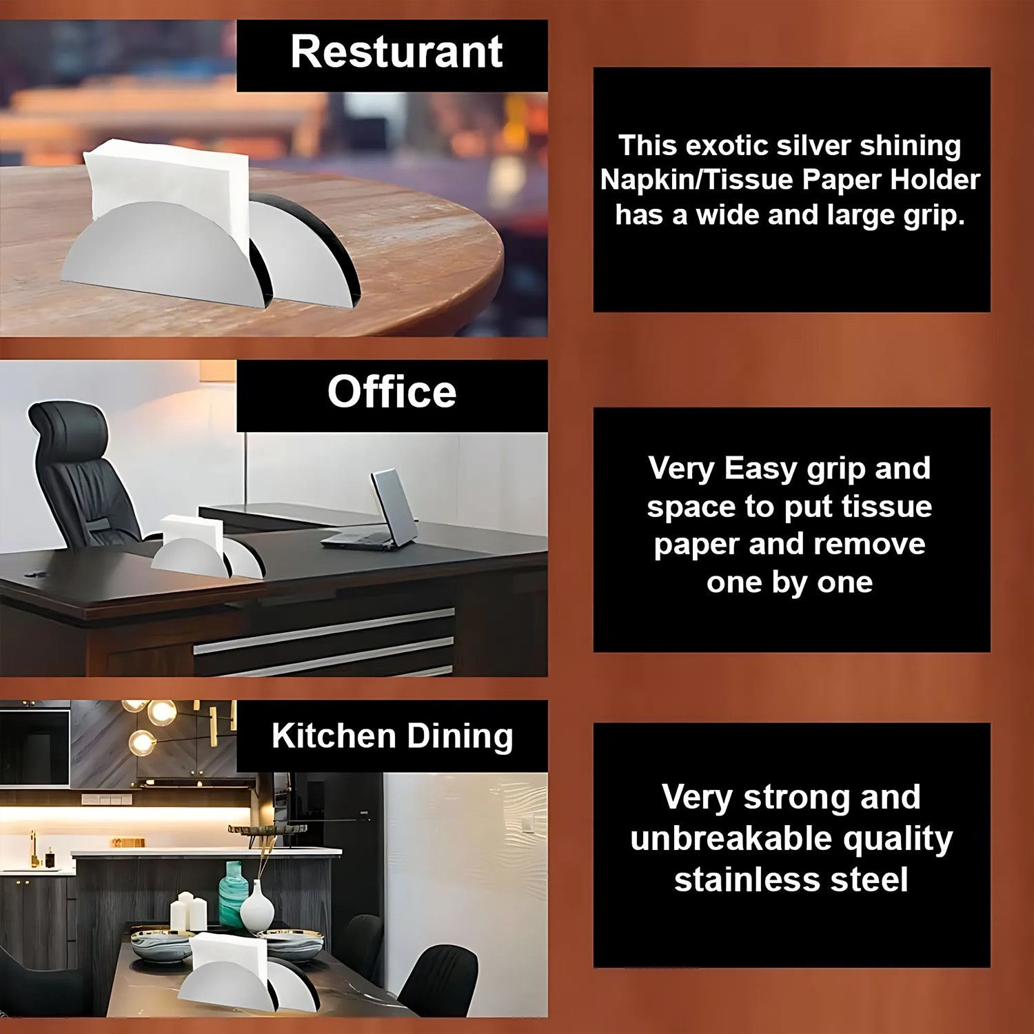 Stainless Steel Half-moon Shaped Tissue Paper Napkin Holder Stand (1 Pc) - Zidbik