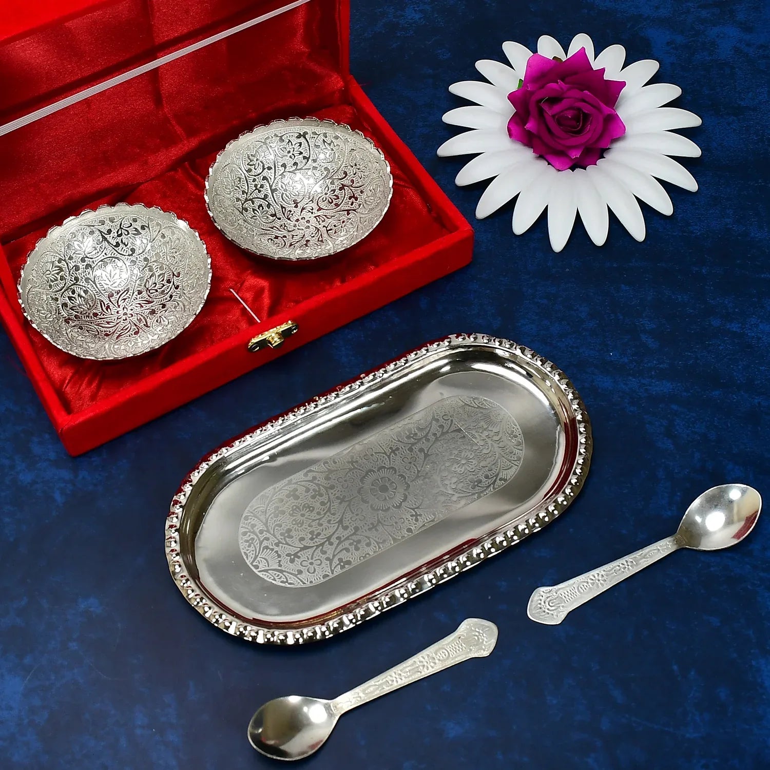 2947a Silver Plated 2 Bowl 2 Spoon Tray Set Brass With Red Velvet Gift Box Serving Dry Fruits Desserts Gift - Zidbik