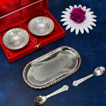 2947a Silver Plated 2 Bowl 2 Spoon Tray Set Brass With Red Velvet Gift Box Serving Dry Fruits Desserts Gift - Zidbik