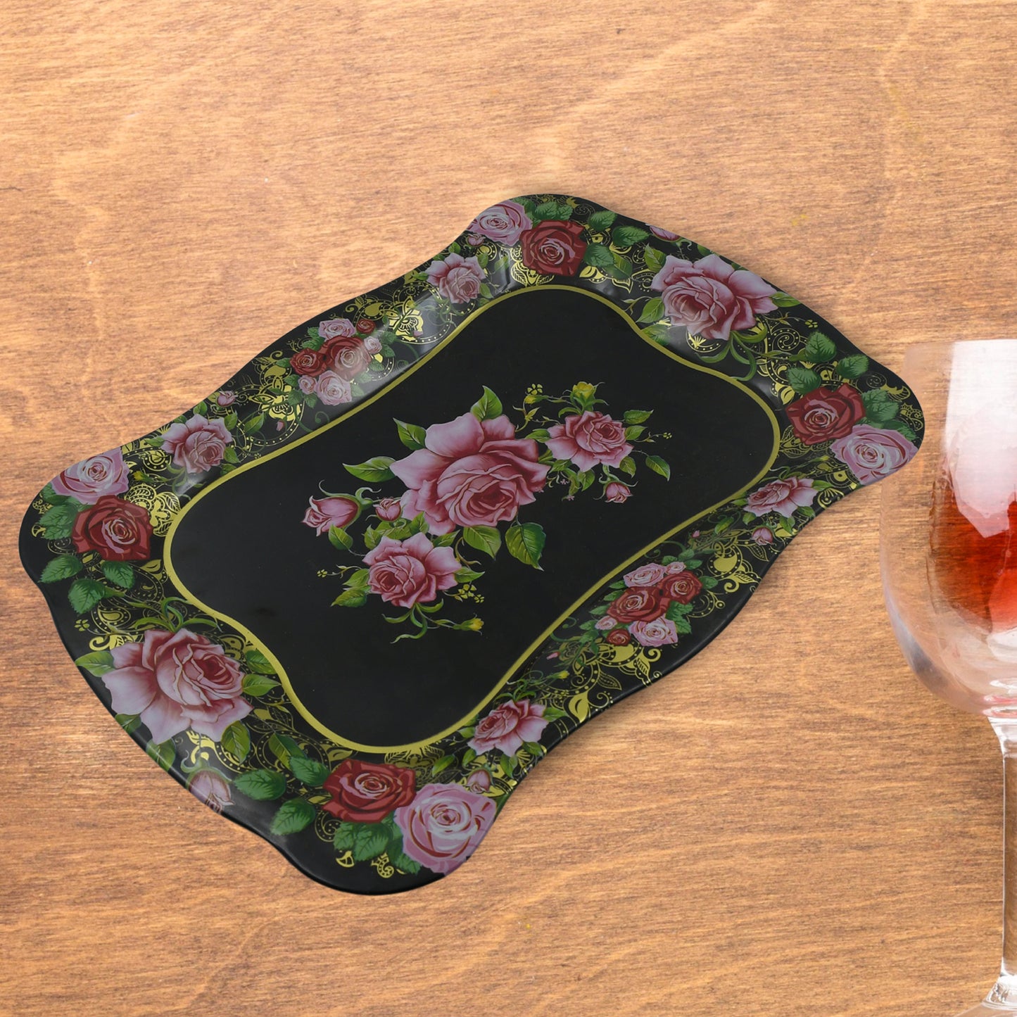5537 Stainless Steel Serving Tray With Flower Printed Rectangle Premium Dining Table Plate (18 X 8.5 Inch  1 Pc) - Zidbik