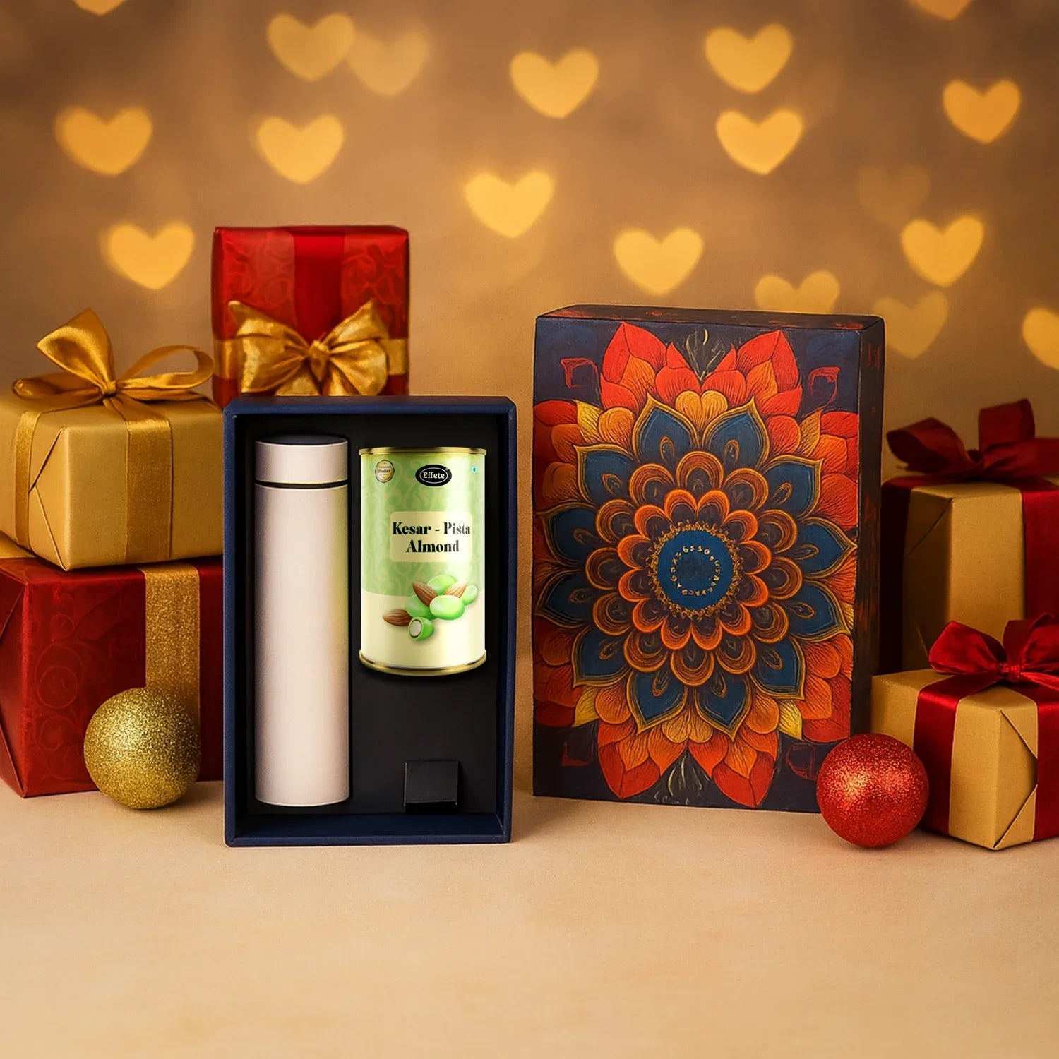 Effete Kesar Pista Almonds Gift Hamper Golden With Bottle (2 Pc Set) - Zidbik