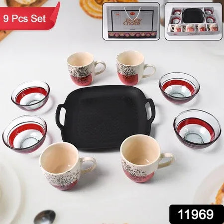 Healthy Choice Set Of 4pc Ceramic Cup And 4pc Glass Bowl With Plastic Plate (9 Pcs Set) - Zidbik