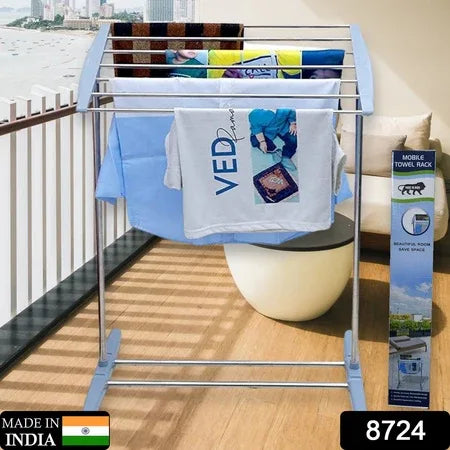 8724 Multi-functional Single Tier Mobile Towel Foldable Rack For Cloth And Towel Stainless Steel And Plastic Made Mobile Towel And Cloth Rack Holder Indoor Outdoor Standing Movable Cloth Dryer Rack Balcony Cloth Drying Stand - Zidbik