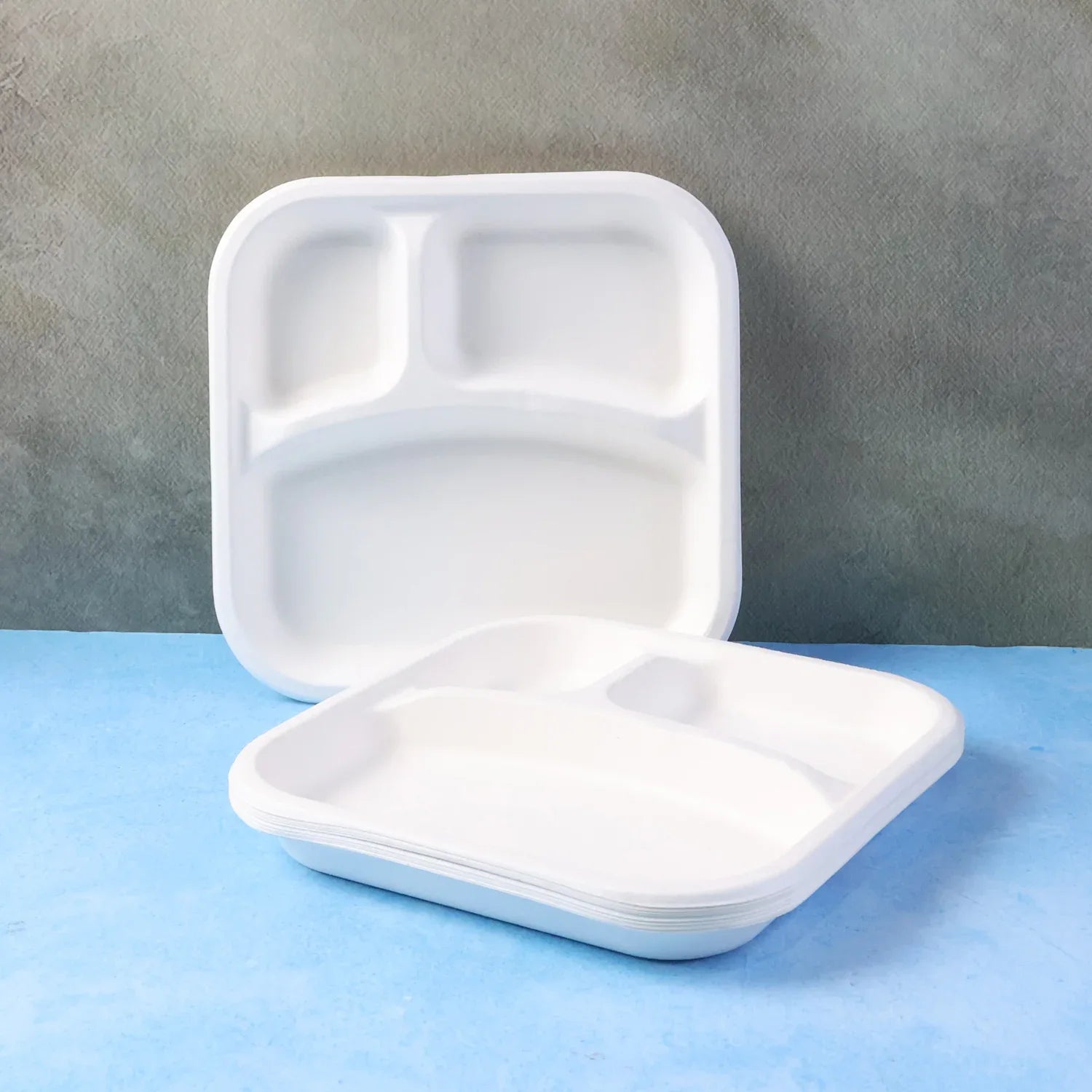 Compostable Bagasse 3-compartment Square Meal Plate - Zidbik