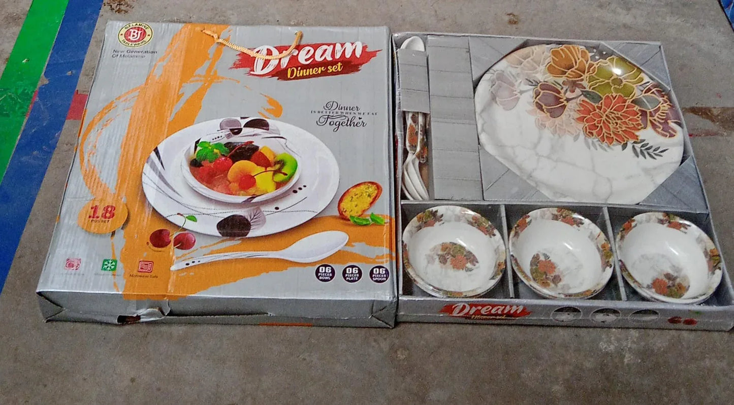 8231 Dream High Quality Plastic Dinning Dinner Set With Unique Flower Design Printed 6 Pc Plates 6 Pc Bowls And 6 Pc Serving Spoon Lightweight Round Plates And Bowls Microwave And Dishwasher Safe (18 Pcs Set) - Zidbik