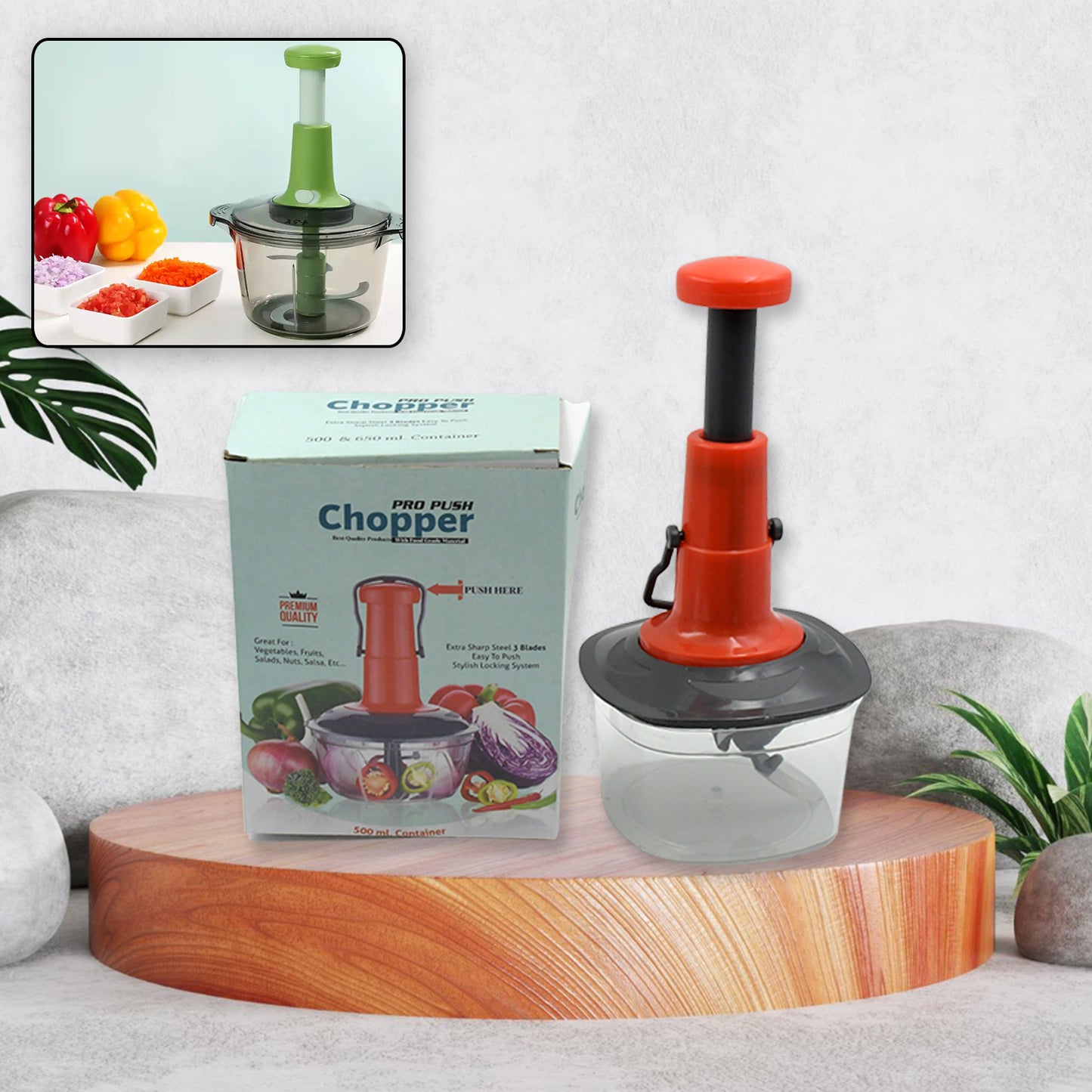 5790 Manual Press Fruit  Vegetable Chopper With 3 Stainless Steel Blades Anti-slip Base And Locking System Cutting Chopper For Kitchen (650 Ml) - Zidbik