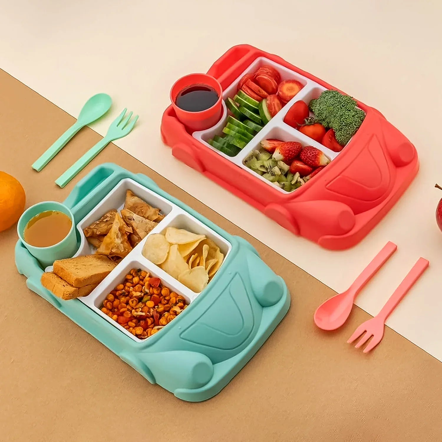 Kids Car Shaped Plates Cup Lunch Box Dinnerware Set (4 Pcs Set 1000 Ml Lunch Box) - Zidbik