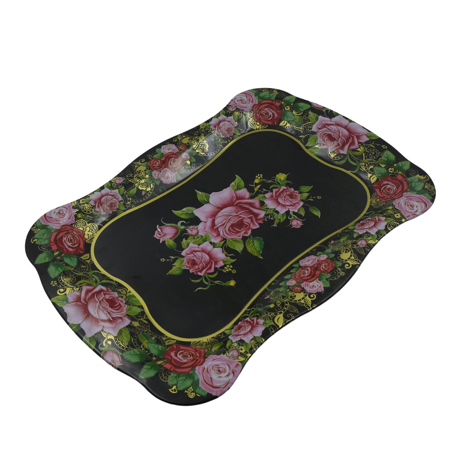 5537 Stainless Steel Serving Tray With Flower Printed Rectangle Premium Dining Table Plate (18 X 8.5 Inch  1 Pc) - Zidbik