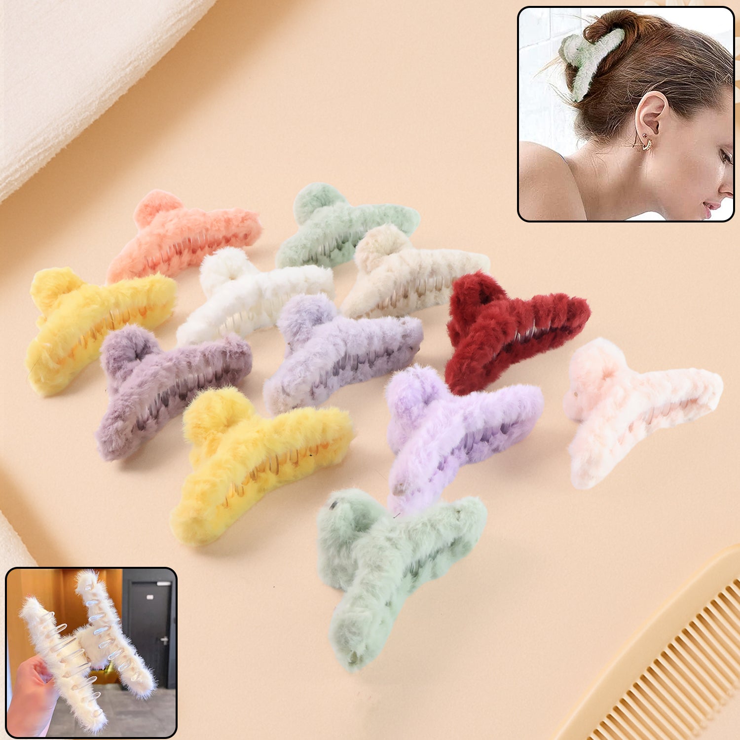 Premium Soft Fur Coated Hair Clutcher Clip Set (12 Pc) - Zidbik