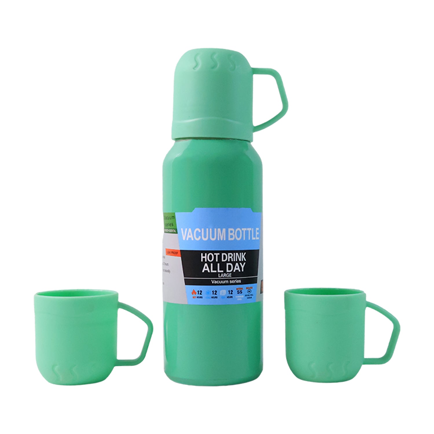 Green Vacuum Flask Set  Stainless Steel Thermos With 3 Cups Approx 500ml - Zidbik