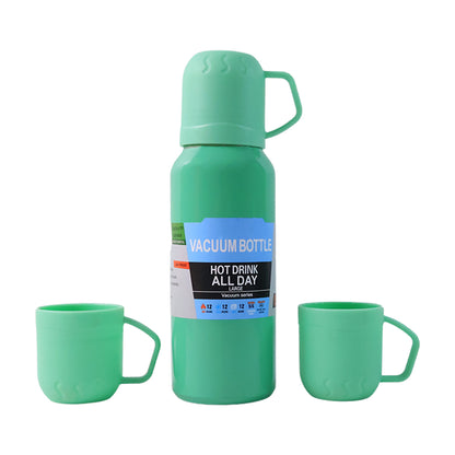 Green Vacuum Flask Set  Stainless Steel Thermos With 3 Cups Approx 500ml - Zidbik